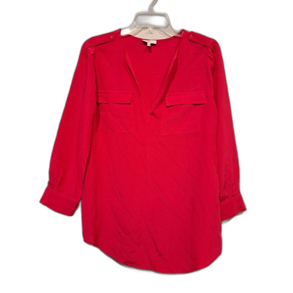 Joie 100% silk bright pink blouse, v-neck, double breast pockets, size xs - Picture 1 of 6